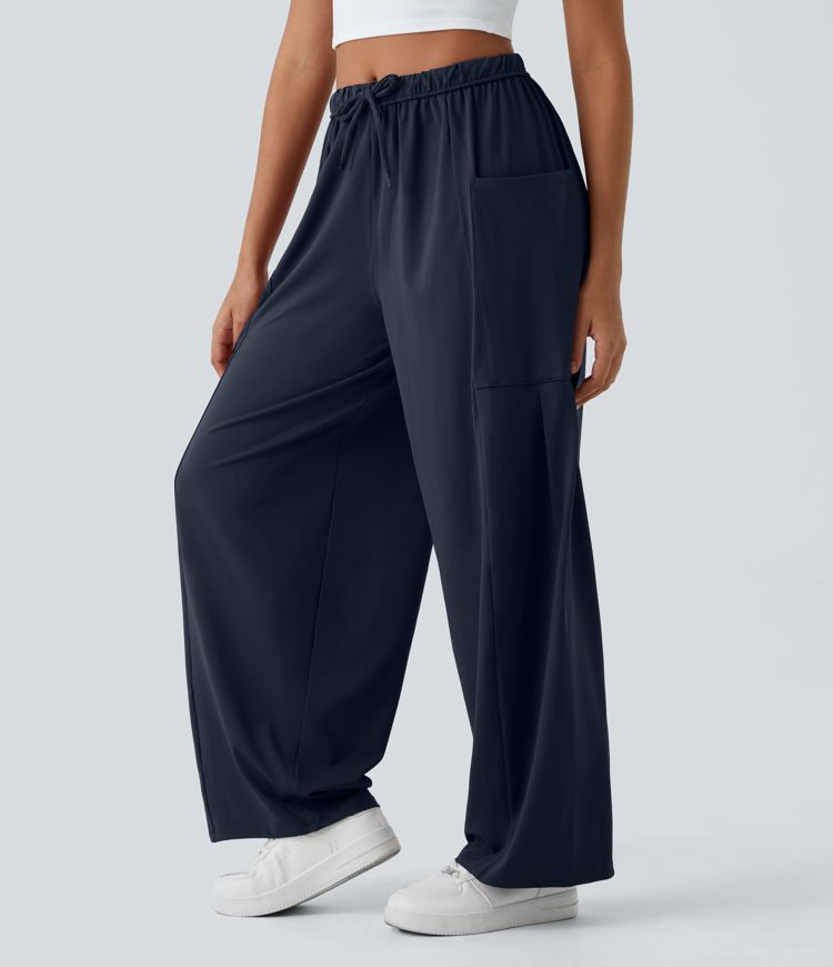 Mid Rise Elastic Waistband Drawstring Side Pocket Palazzo Flowy Wide Leg Casual Pants