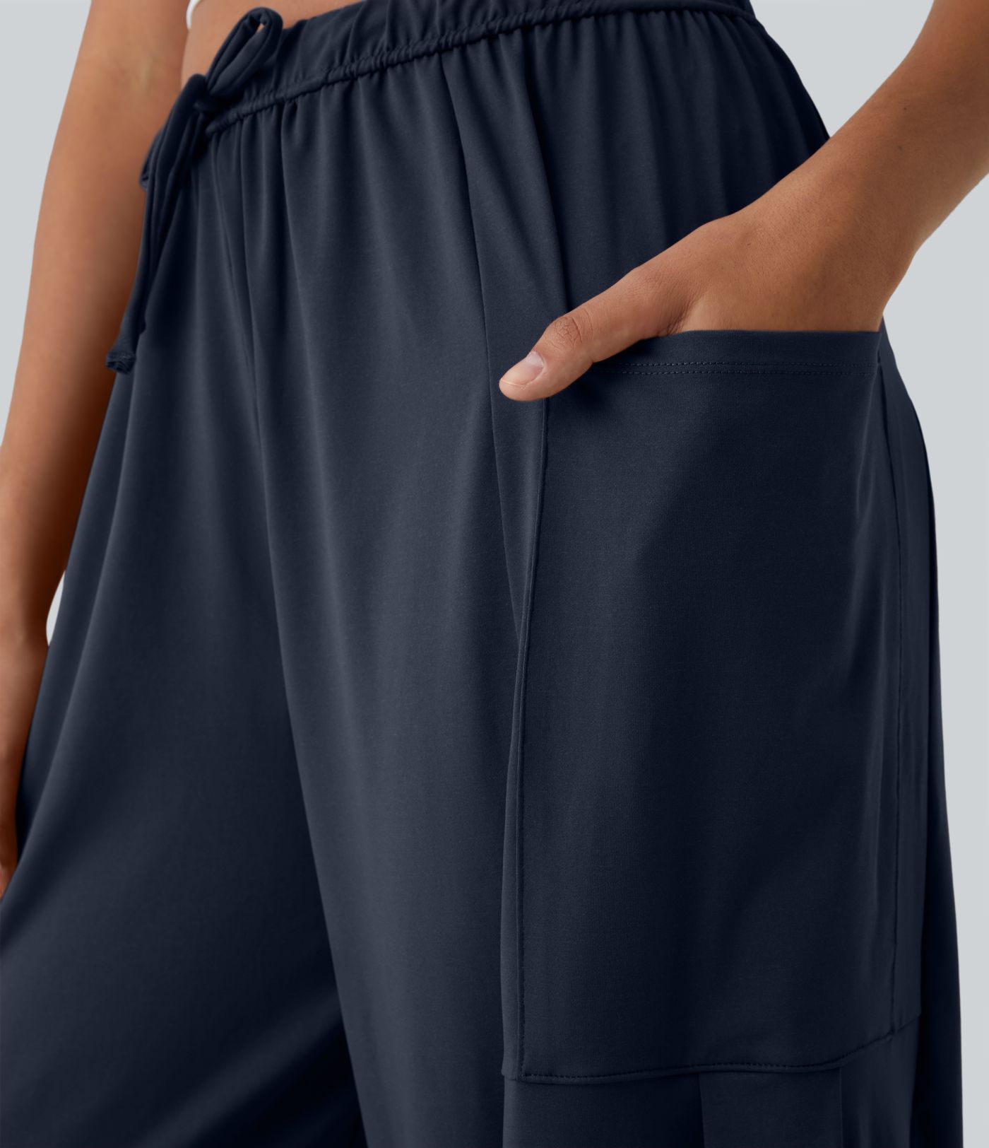 Mid Rise Elastic Waistband Drawstring Pocket Palazzo Flowy Wide Leg Casual Pants