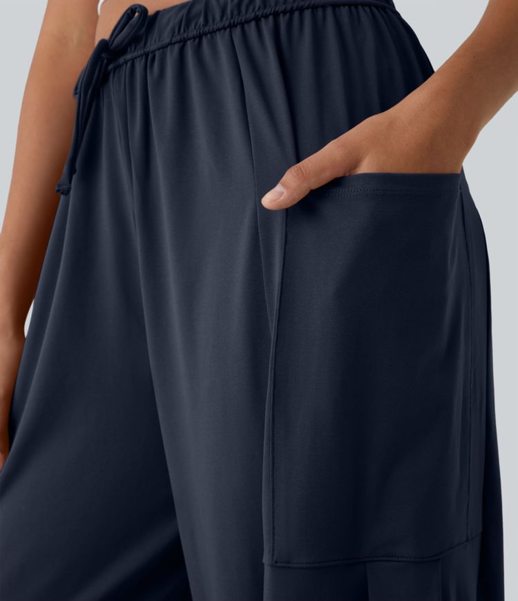 Mid Rise Elastic Waistband Drawstring Pocket Palazzo Flowy Wide Leg Casual Pants