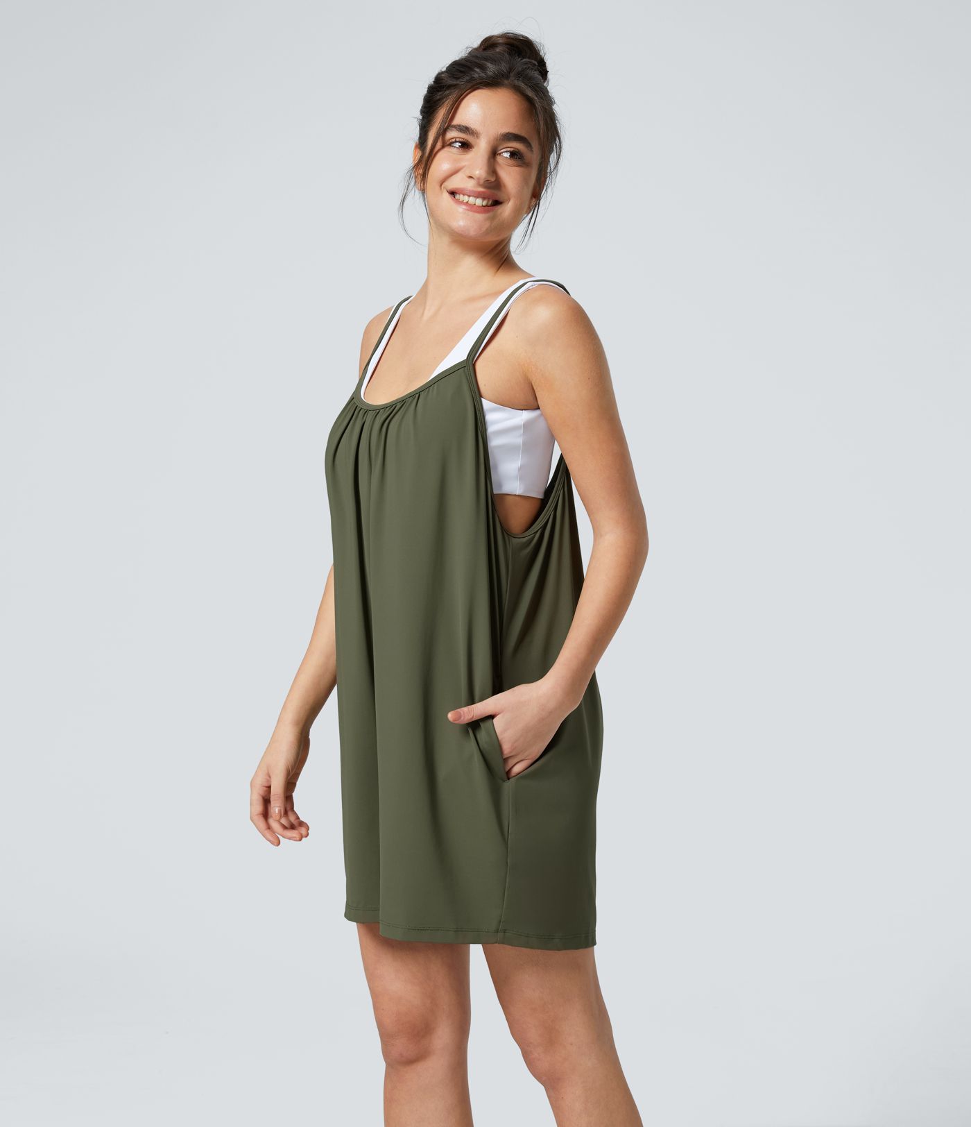 Spaghetti Pocket Solid Wide Leg Casual Jumpsuit