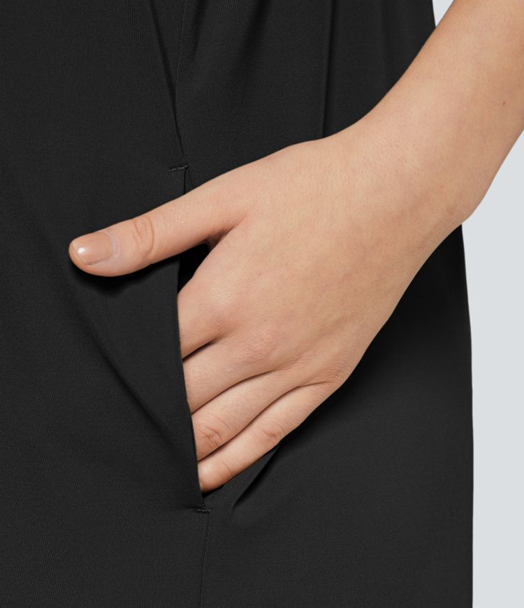 Mono pierna ancha liso bolsillo lateral plisado correa ajustable espagueti