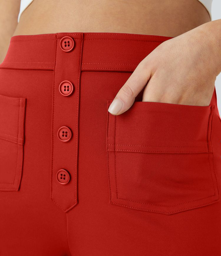 High Waisted Pockets Straight Leg Casual Pants