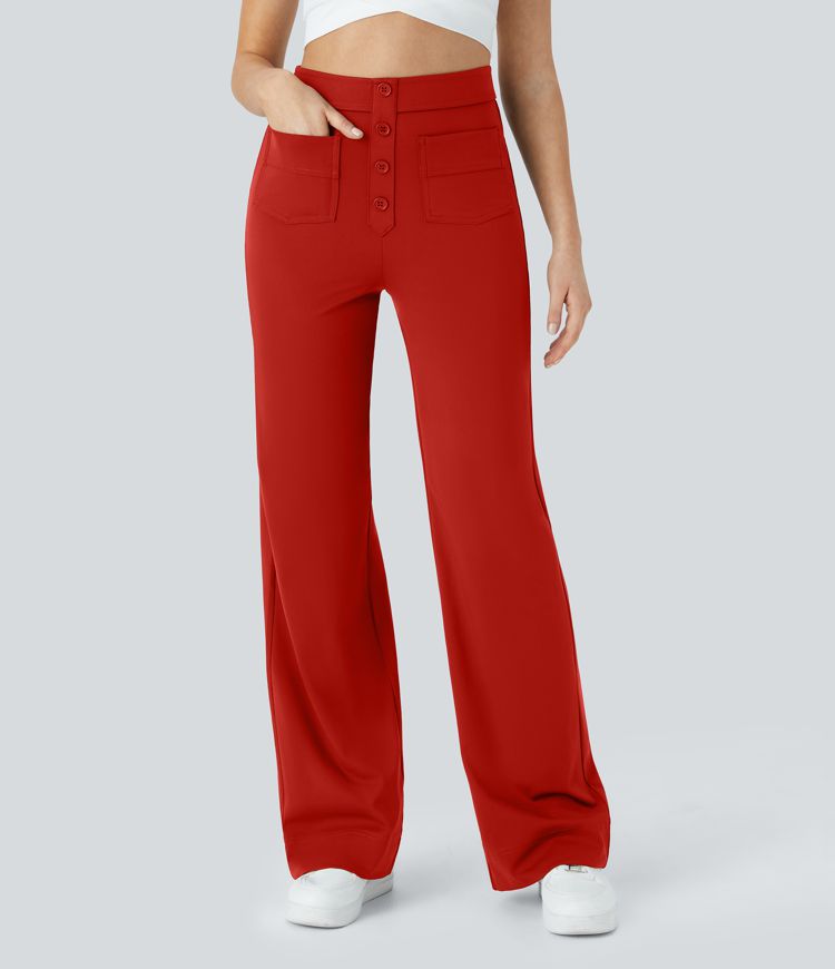 High Waisted Pockets Straight Leg Casual Pants