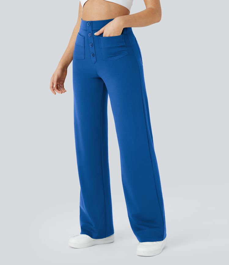 High Waisted Pockets Straight Leg Casual Pants