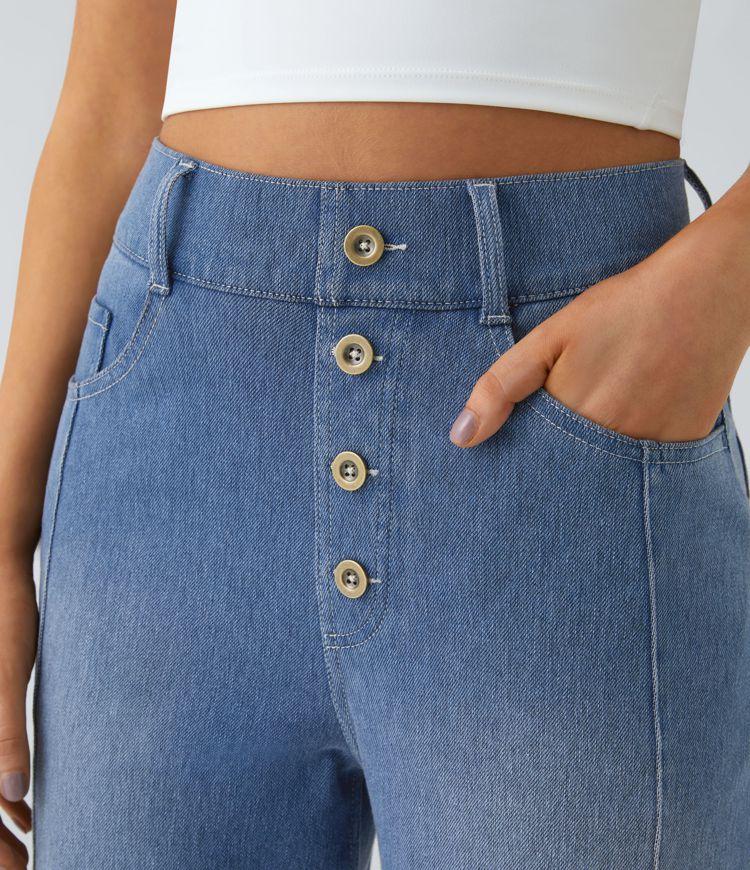 Jeans Halara Flex™ Denim mezclilla elástica botón decorativo tiro alto múltiples bolsillos pierna recta boyfriend
