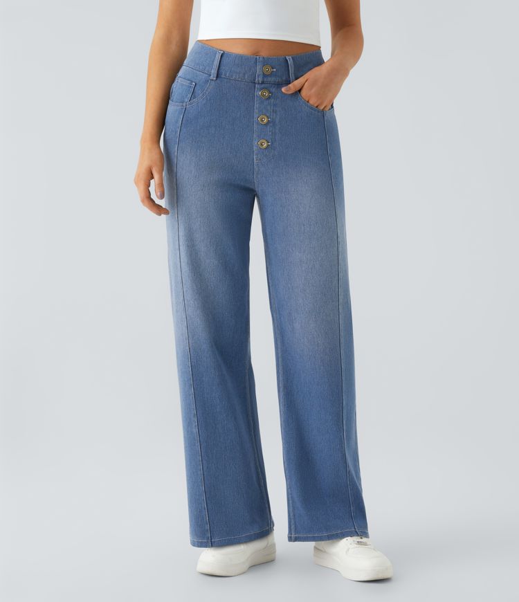 Jeans Halara Flex™ Denim mezclilla elástica botón decorativo tiro alto múltiples bolsillos pierna recta boyfriend