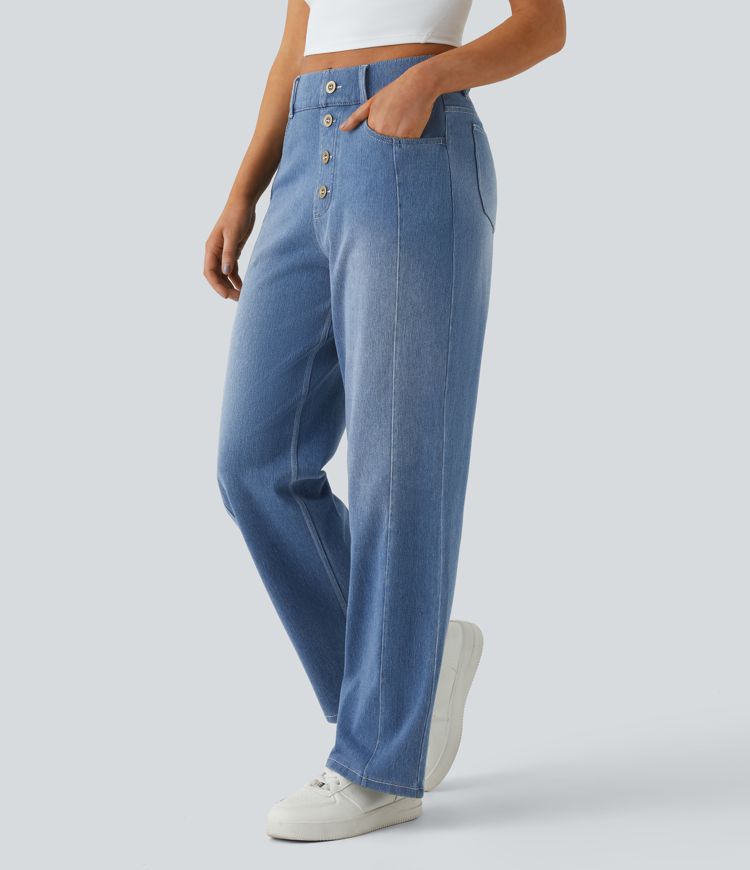 Jeans Halara Flex™ Denim mezclilla elástica botón decorativo tiro alto múltiples bolsillos pierna recta boyfriend