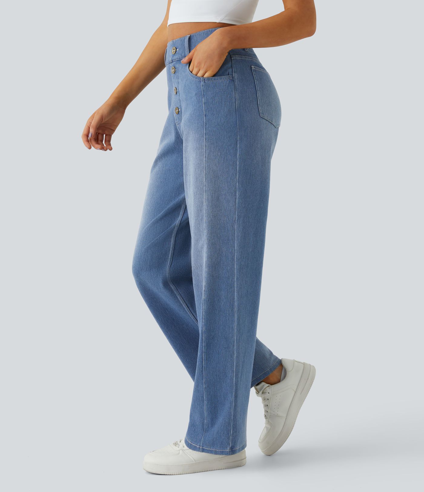 Halara Flex™ ハイウエスト 装飾ボタン マルチポケット ストレートレッグ ストレッチニット カジュアル ボーイフレンド ジーンズ