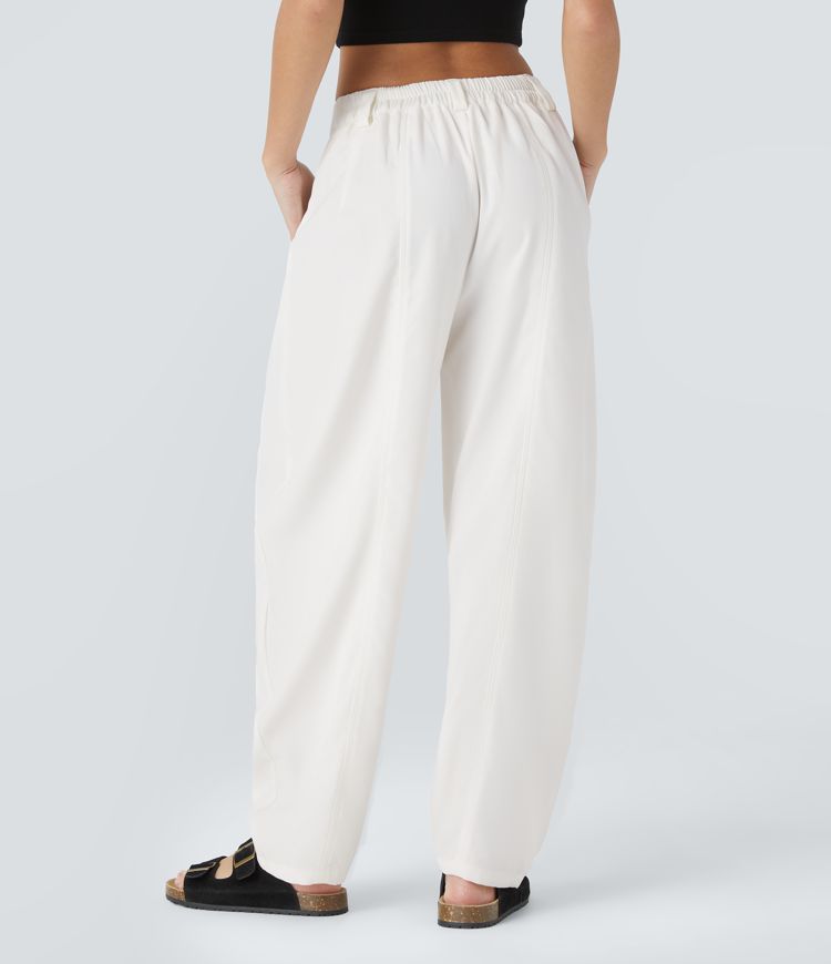 Mid Rise Plicated Side Pocket Barrel Leg Work Pants