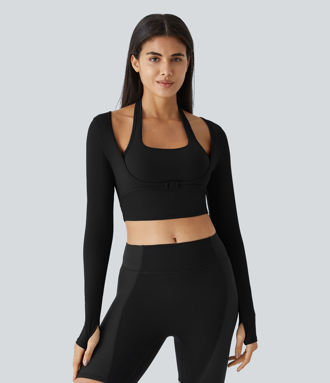 SoftlyZero™ Plush Halter Thumb Hole Long Sleeve Cropped 2-in-1 Yoga Sports Top
