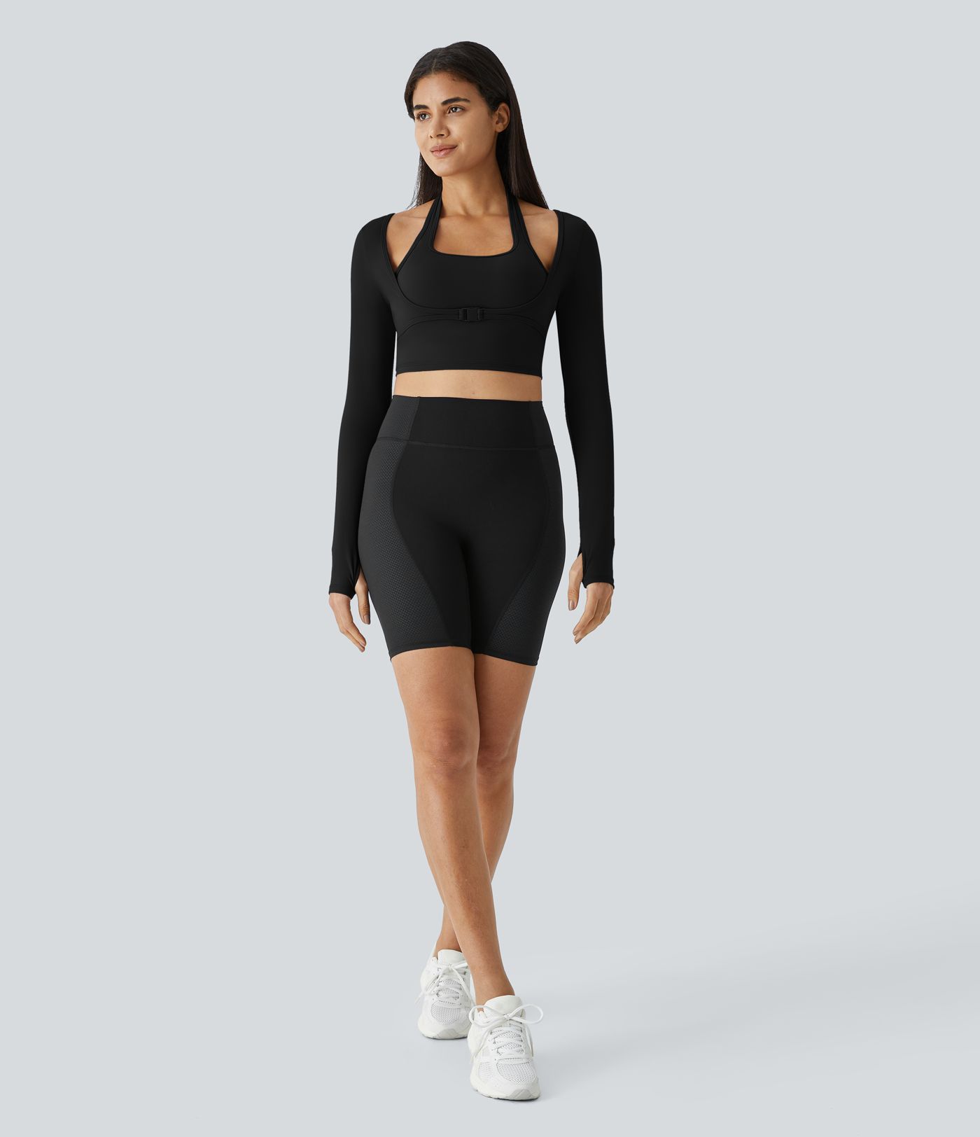 SoftlyZero™ Plush Halter Thumb Hole Long Sleeve Cropped 2-in-1 Yoga Sports Top