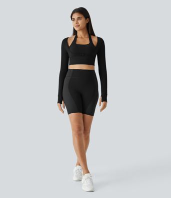 SoftlyZero™ Plush Halter Thumb Hole Long Sleeve Cropped 2-in-1 Yoga Sports Top