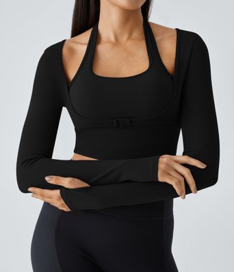SoftlyZero™ Plush Halter Thumb Hole Long Sleeve Cropped 2-in-1 Yoga Sports Top