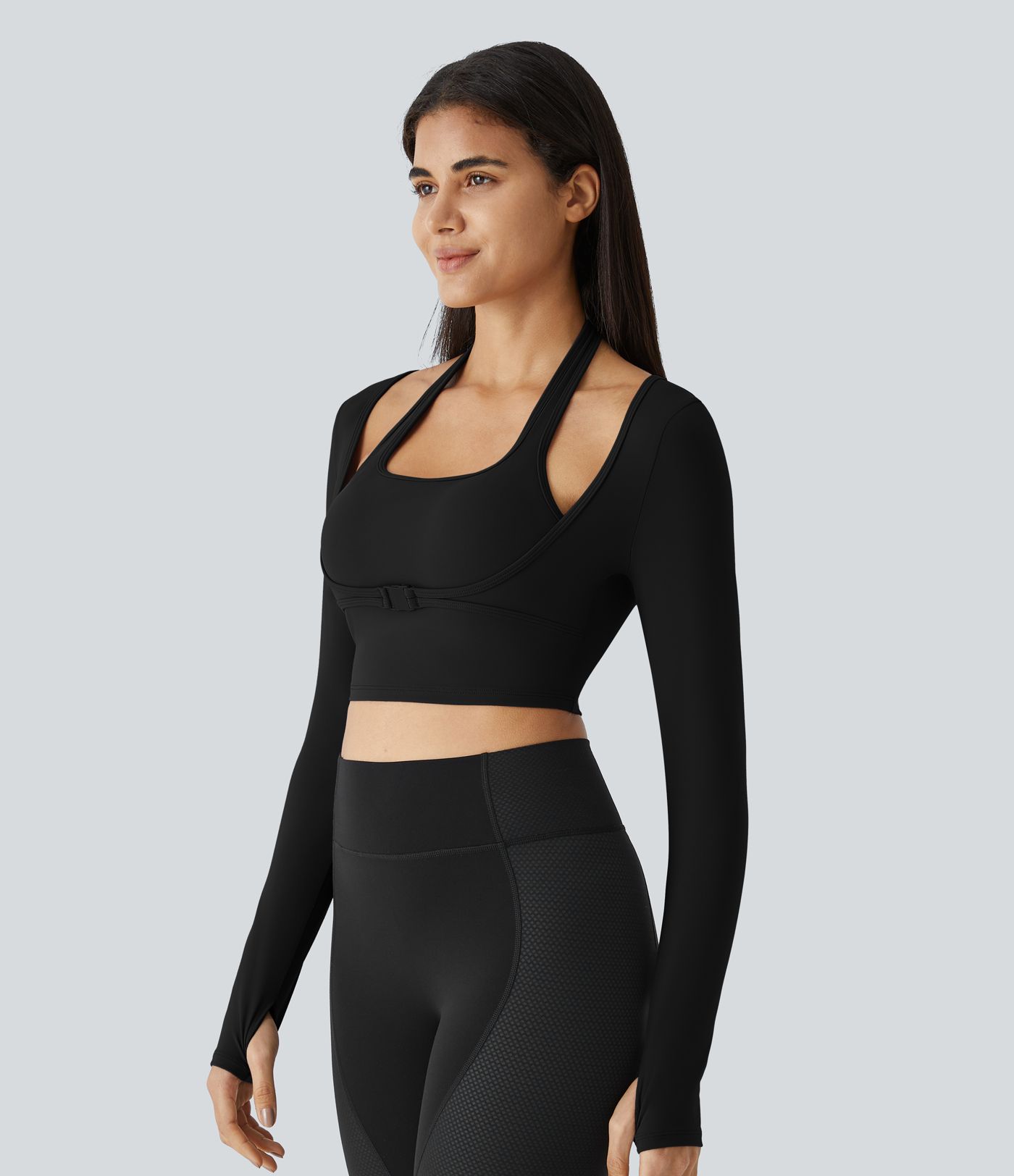 SoftlyZero™ Plush Halter Thumb Hole Long Sleeve Cropped 2-in-1 Yoga Sports Top