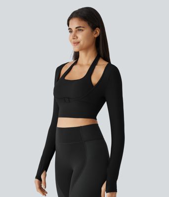 SoftlyZero™ Plush Halter Thumb Hole Long Sleeve Cropped 2-in-1 Yoga Sports Top