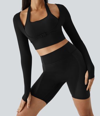 SoftlyZero™ Plush Halter Thumb Hole Long Sleeve Cropped 2-in-1 Yoga Sports Top