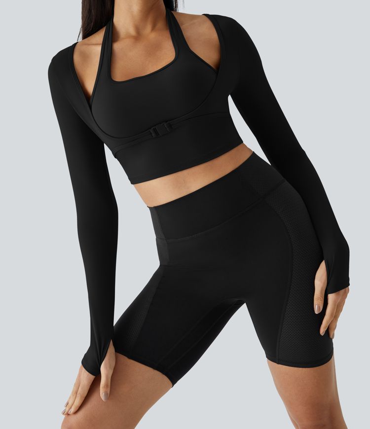 SoftlyZero™ Plush Halter Thumb Hole Long Sleeve Cropped 2-in-1 Yoga Sports Top