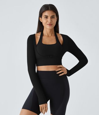 SoftlyZero™ Plush Halter Thumb Hole Long Sleeve Cropped 2-in-1 Yoga Sports Top