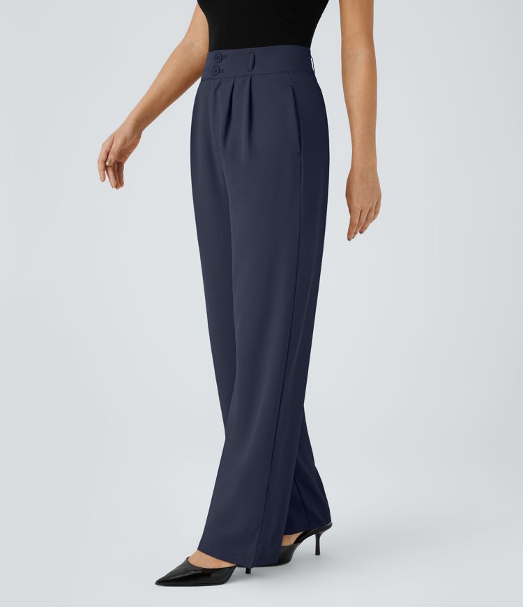 High Waisted Zipper Pocket Shirred Straight Leg Work Trousers