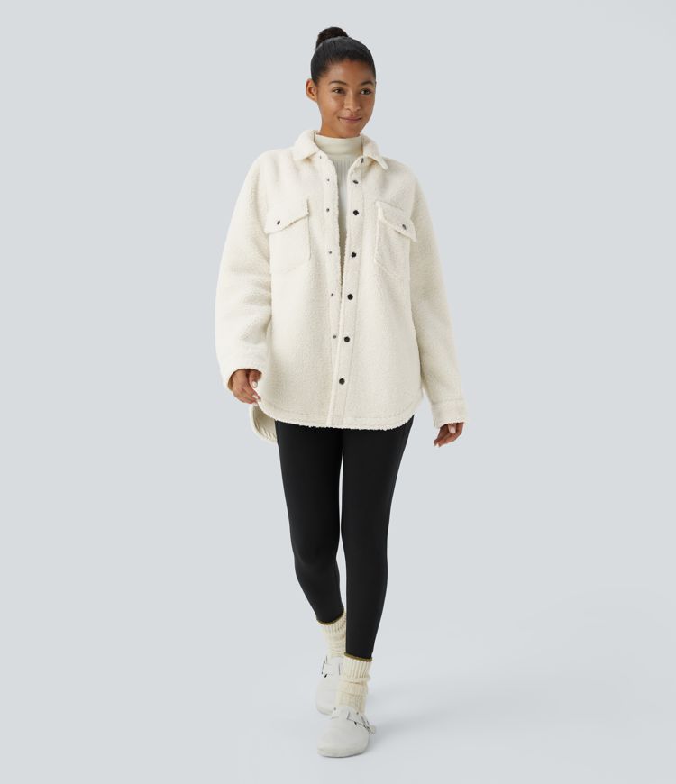 Collared Button Chest Pocket Long Sleeve Curved Hem Casual Sherpa Jacket