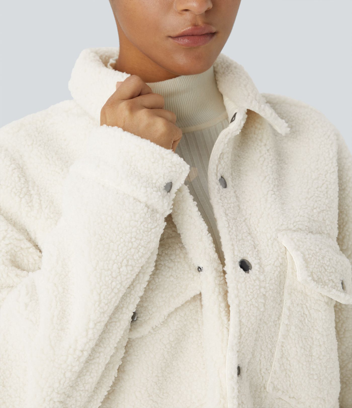 Collared Button Chest Pocket Long Sleeve Curved Hem Casual Sherpa Jacket