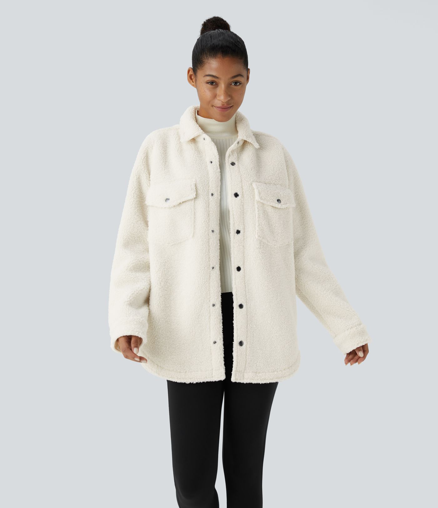 Collared Button Chest Pocket Long Sleeve Curved Hem Casual Sherpa Jacket