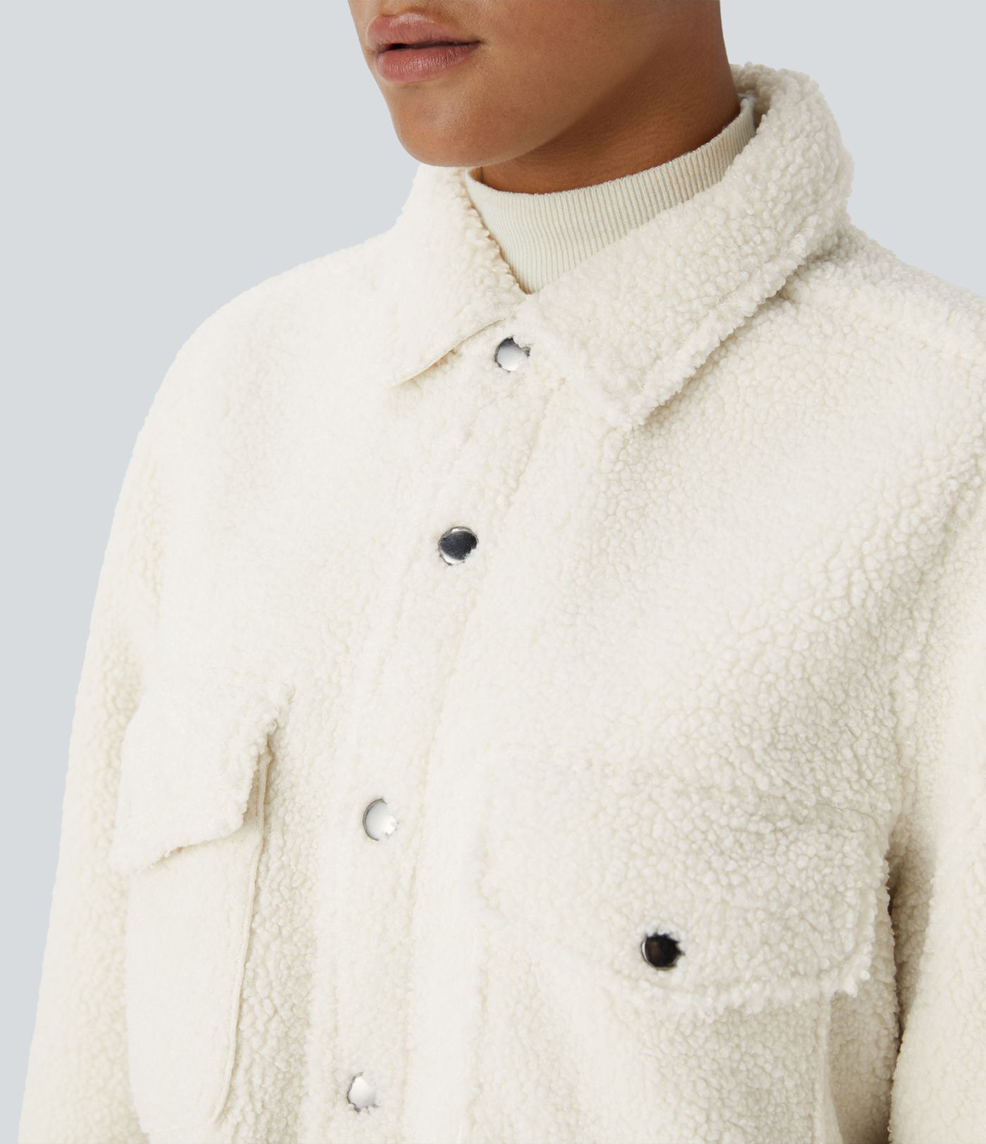 Collared Button Chest Pocket Long Sleeve Curved Hem Casual Sherpa Jacket