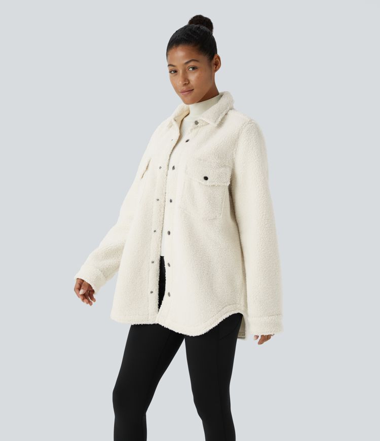 Collared Button Chest Pocket Long Sleeve Curved Hem Casual Sherpa Jacket