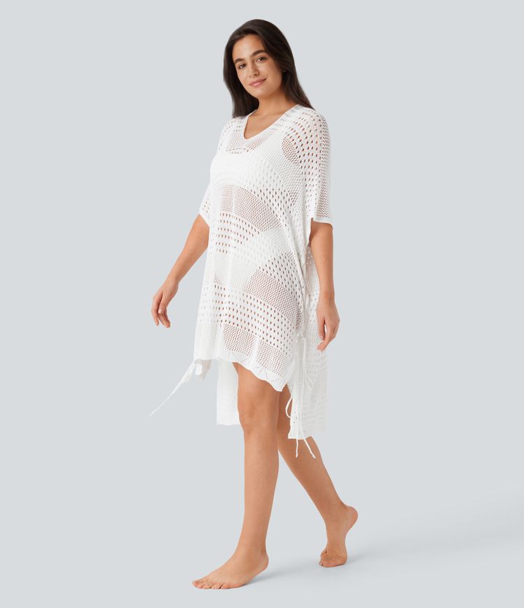 V Neck Lace Up High Low Hollow Out Cover Up