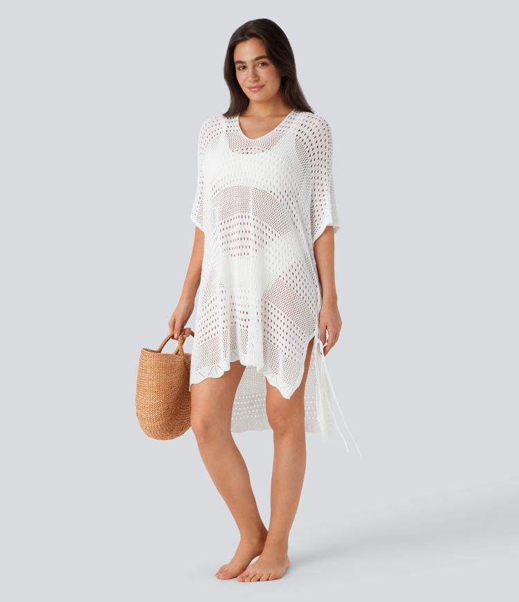 V Neck Lace Up High Low Hollow Out Cover Up