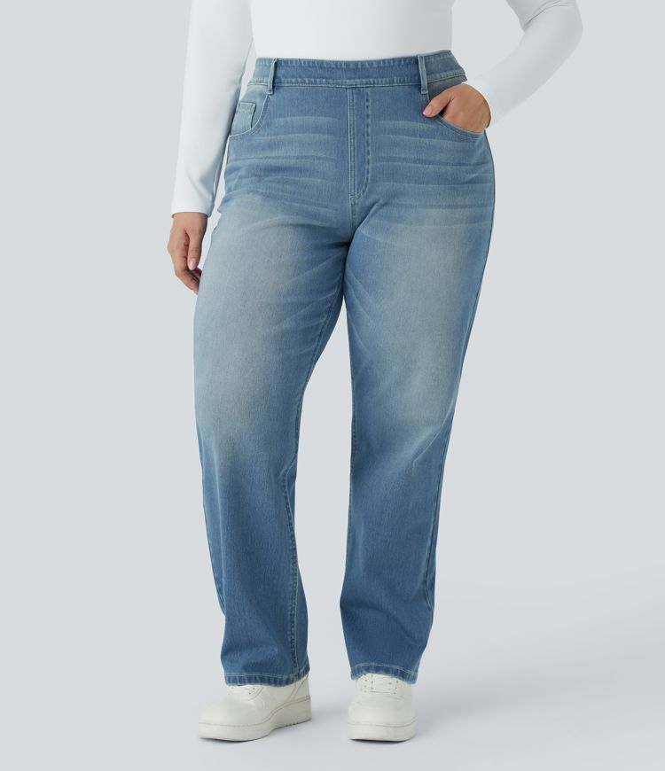Jean décontracté Halara Flex™ grande taille, taille haute, multiples poches, jambes droites, effet délavé, en maille extensible