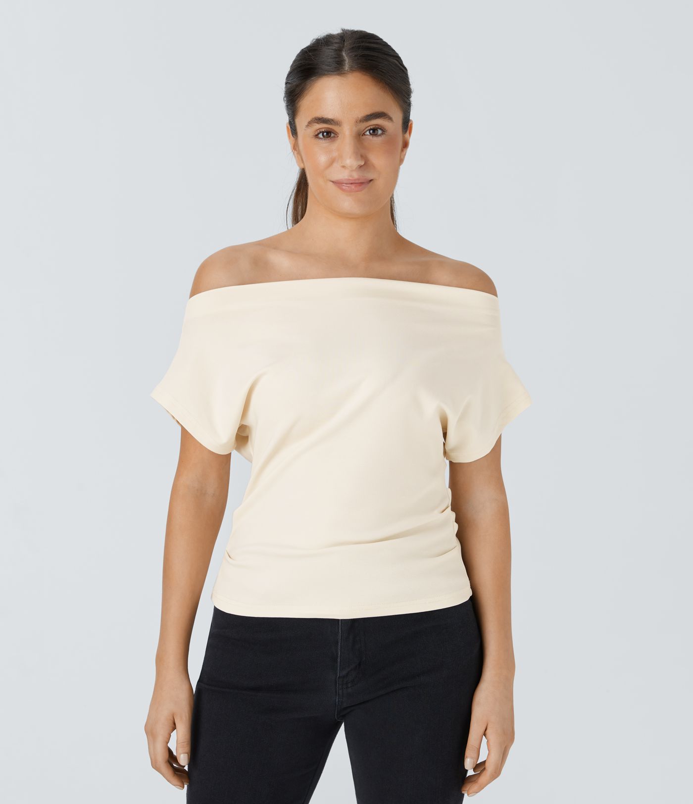 Off Shoulder Short Sleeve Ruched Casual Top