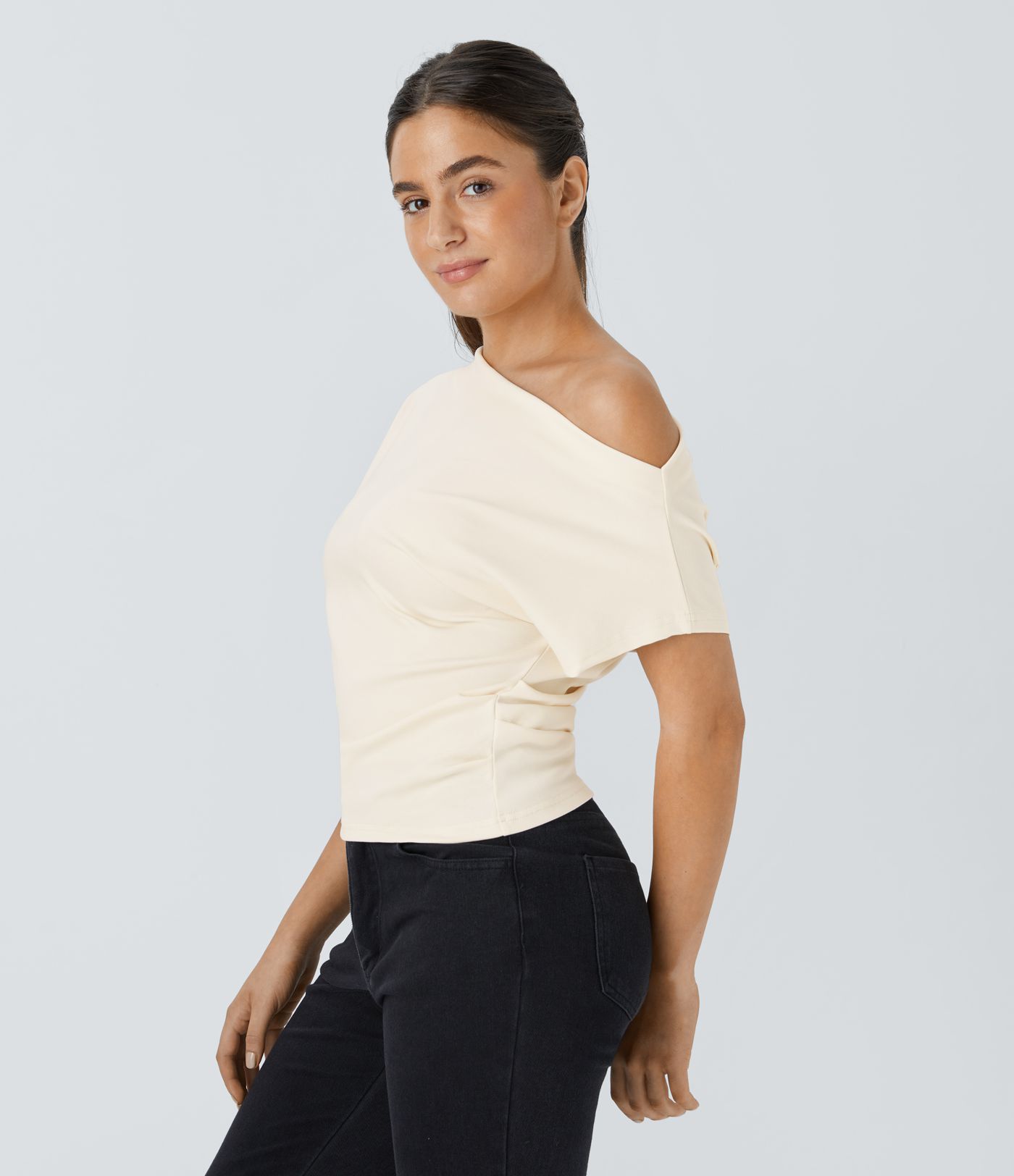 Off Shoulder Short Sleeve Ruched Casual Top