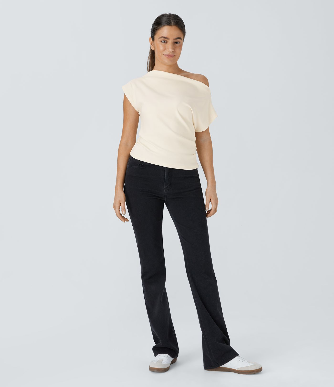 Off Shoulder Short Sleeve Ruched Casual Top