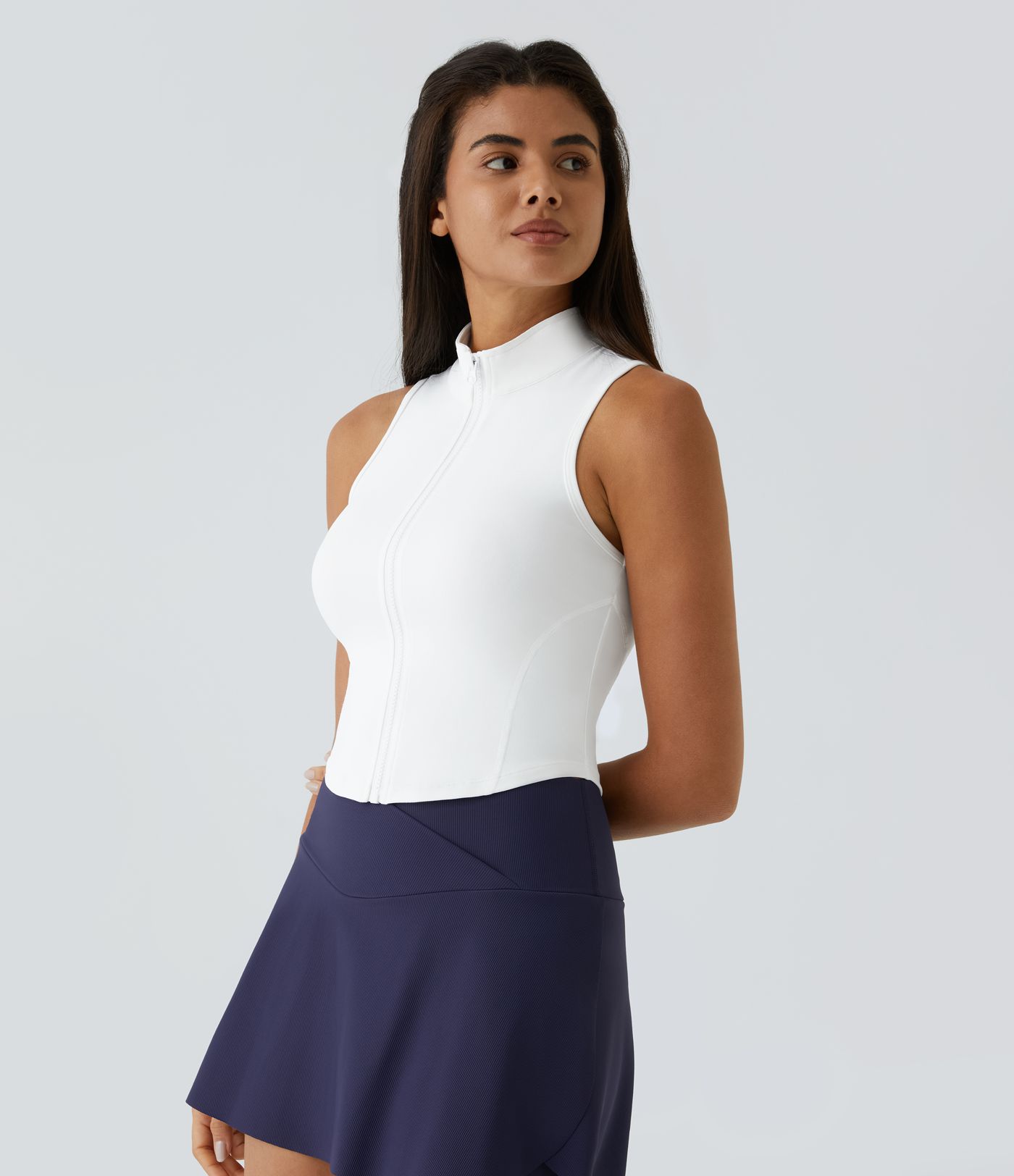 Mock Neck Zip Front Sleeveless Cropped Tank Vest Top