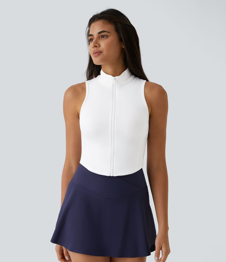 Mock Neck Zip Front Sleeveless Cropped Tank Top