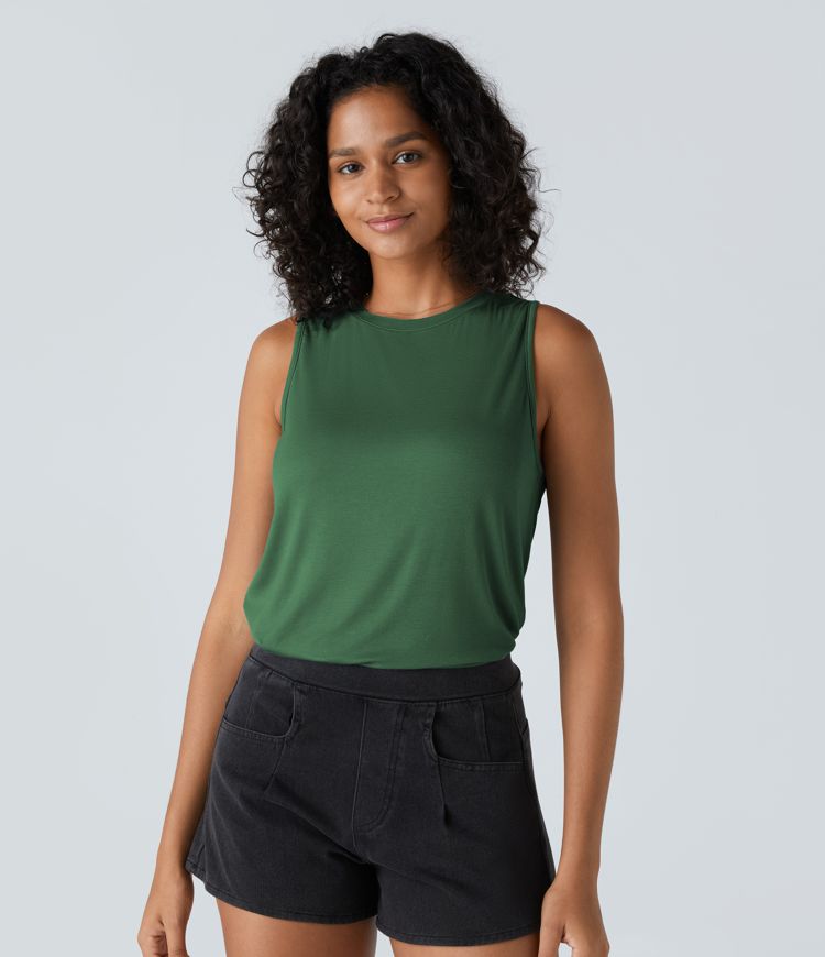 Ribbed Round Neck Basic Casual Tank Top