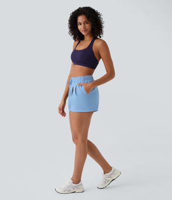 High Waisted Elastic Waistband Drawstring Pleated Yoga Shorts 3" with Pockets