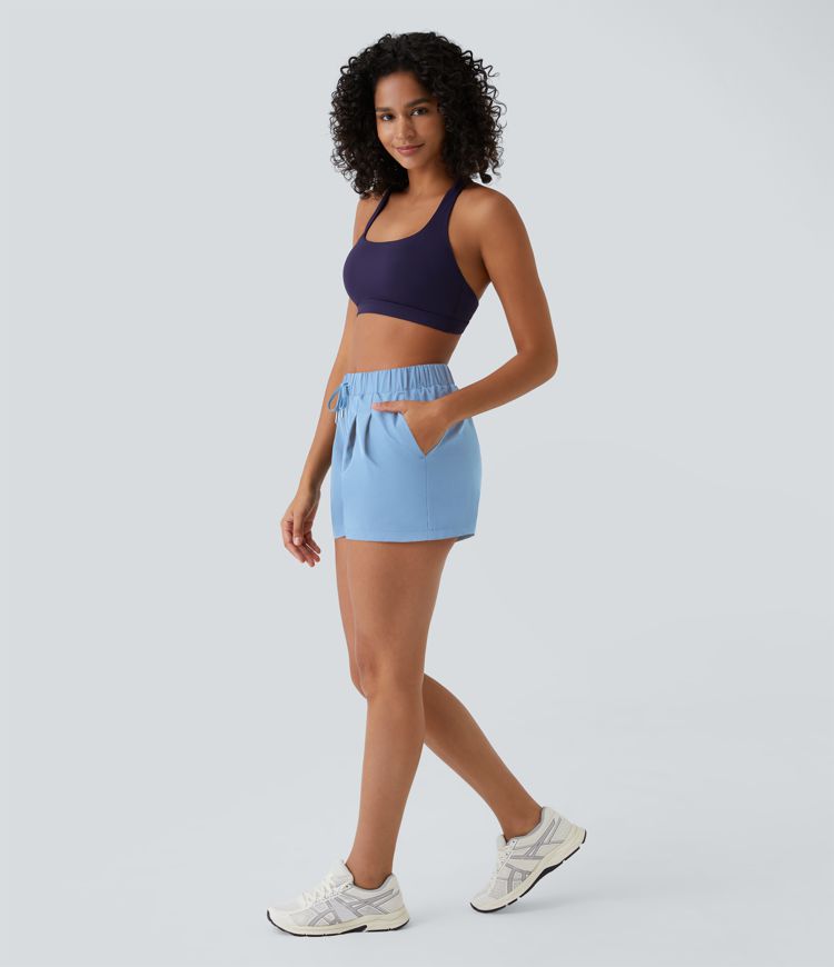 High Waisted Elastic Waistband Drawstring Pleated Yoga Shorts 3" with Pockets