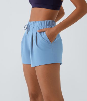 High Waisted Elastic Waistband Drawstring Pleated Yoga Shorts 3" with Pockets