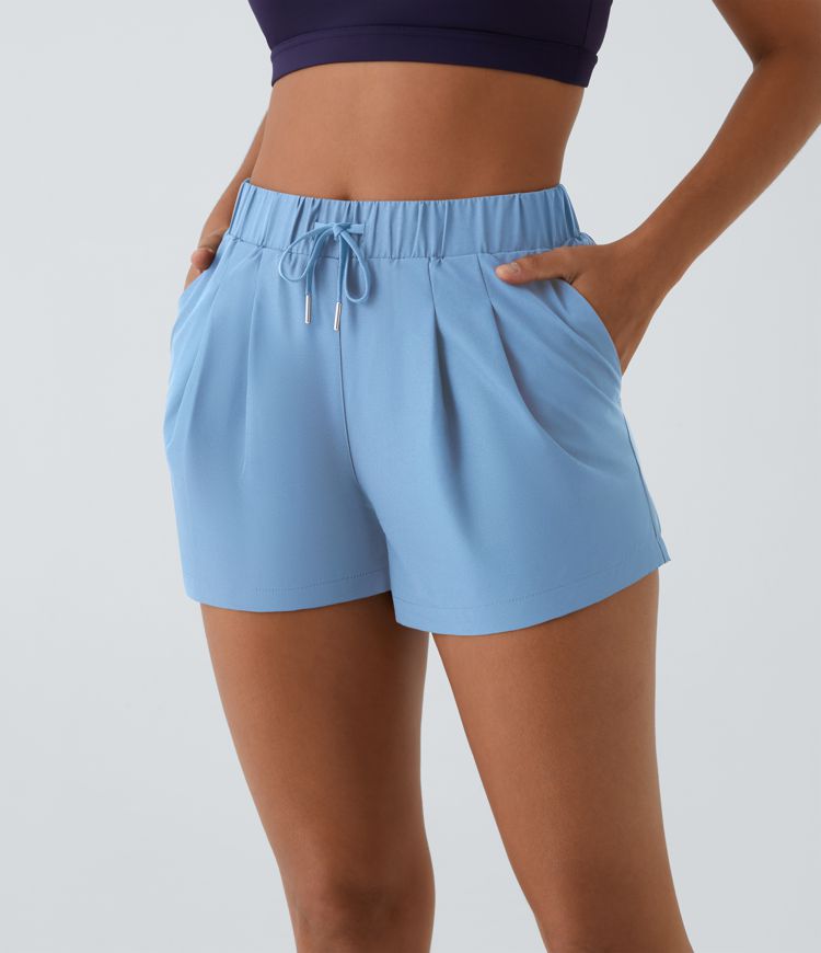 High Waisted Elastic Waistband Drawstring Pleated Yoga Shorts 3" with Pockets