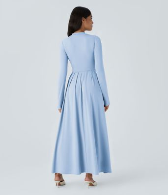 Mock-neck Long Sleeve Pocket Flare Maxi Casual Dress