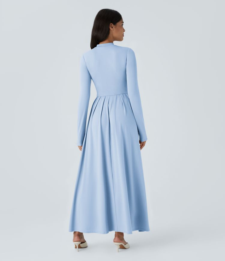 Stand Collar Long Sleeve Side Pocket Flare Maxi Casual Dress