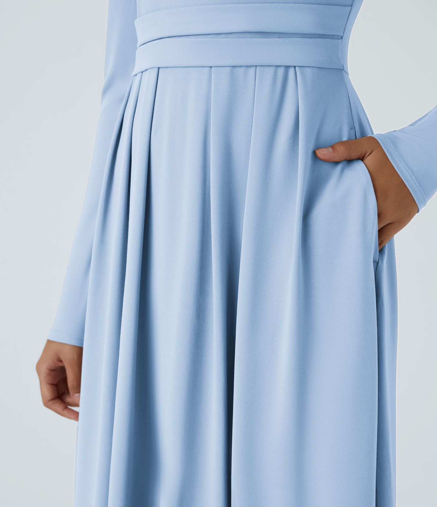 Mock-neck Long Sleeve Pocket Flare Maxi Casual Dress