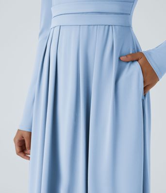 Mock-neck Long Sleeve Pocket Flare Maxi Casual Dress