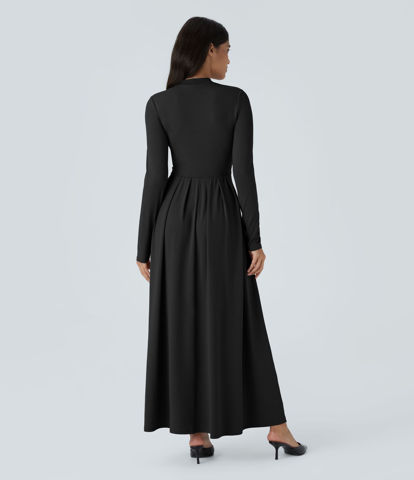 Stand collar long sleeve side pocket flare maxi casual dress