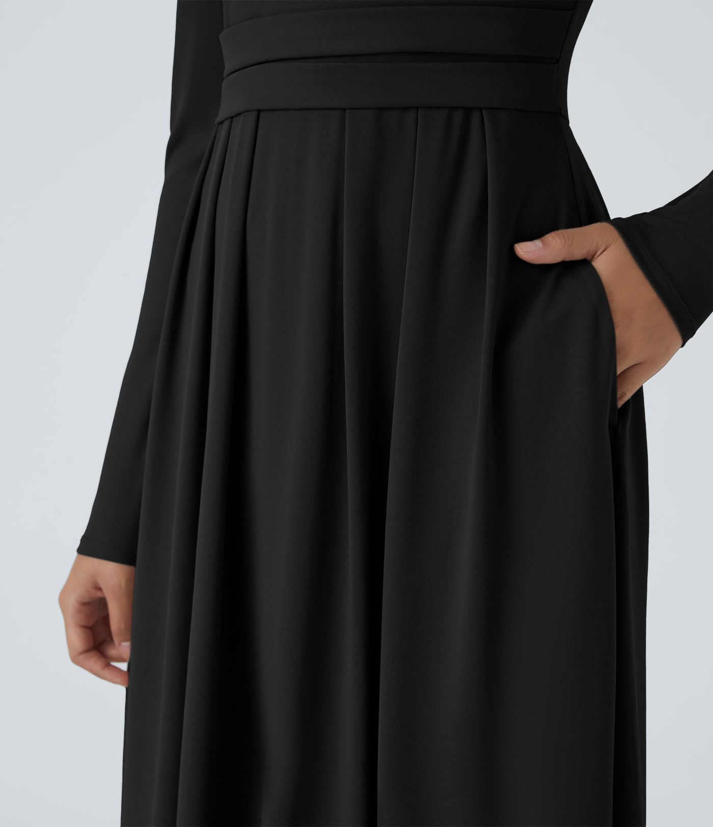 Stand collar long sleeve side pocket flare maxi casual dress