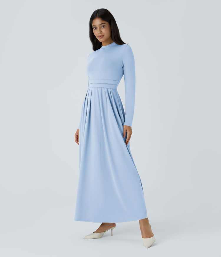 Stand Collar Long Sleeve Side Pocket Flare Maxi Casual Dress