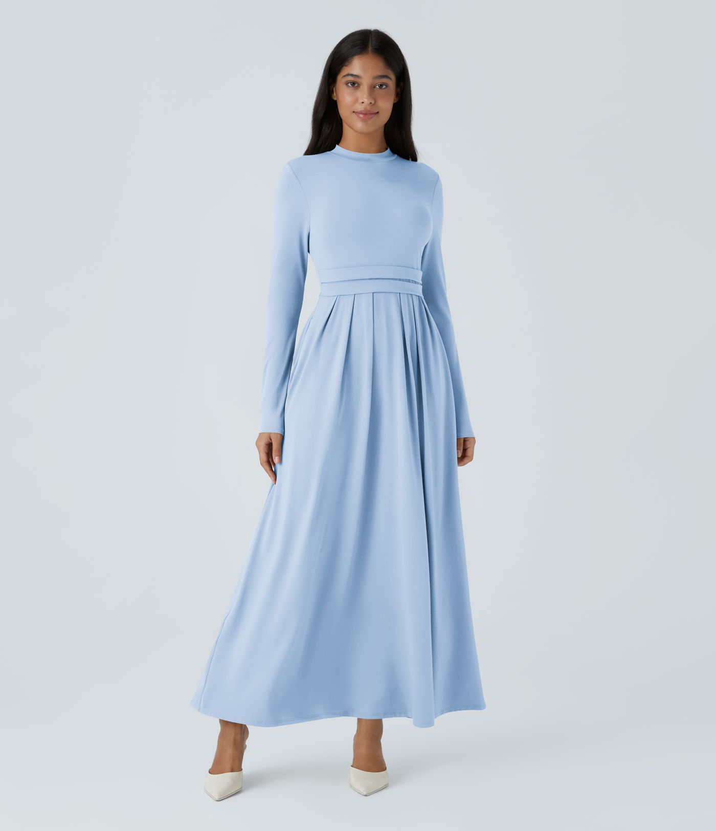 Mock-neck Long Sleeve Pocket Flare Maxi Casual Dress