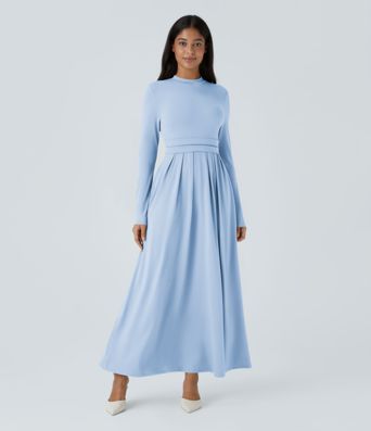 Mock-neck Long Sleeve Pocket Flare Maxi Casual Dress